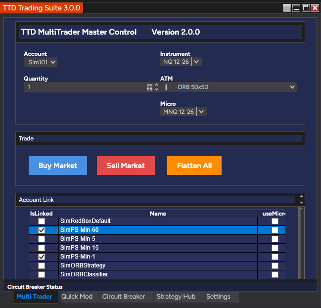 MultiTrader tab in the TTD Trading Suite window